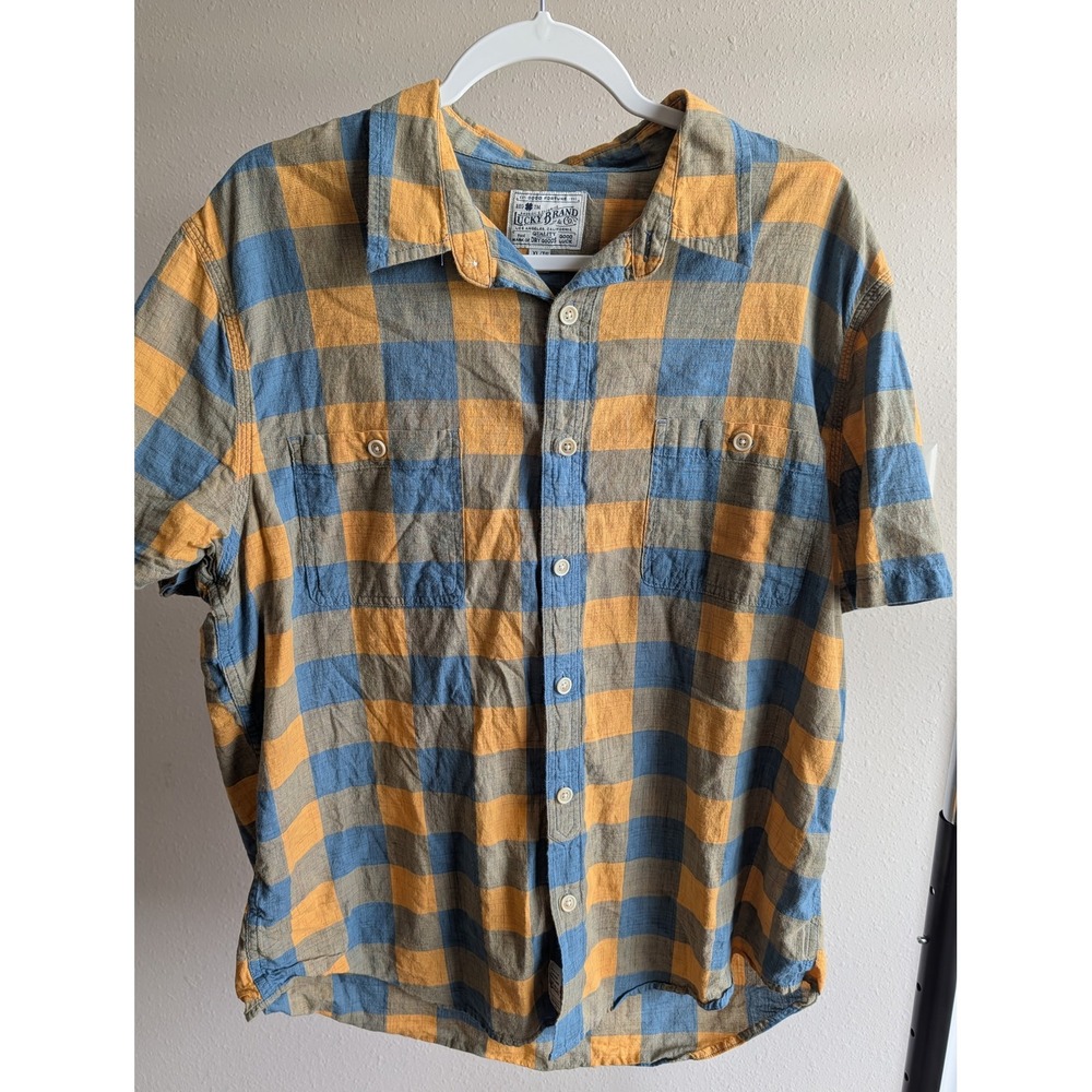 Lucky Brand Mens XL Short Sleeve Button Down Shirt Blue Yellow Buffalo Plaid